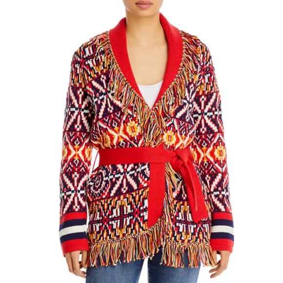 Mother Belted Short Cardigan Sweater Bass Culture Fringe Trim Red Cotton Size S - Picture 1 of 8